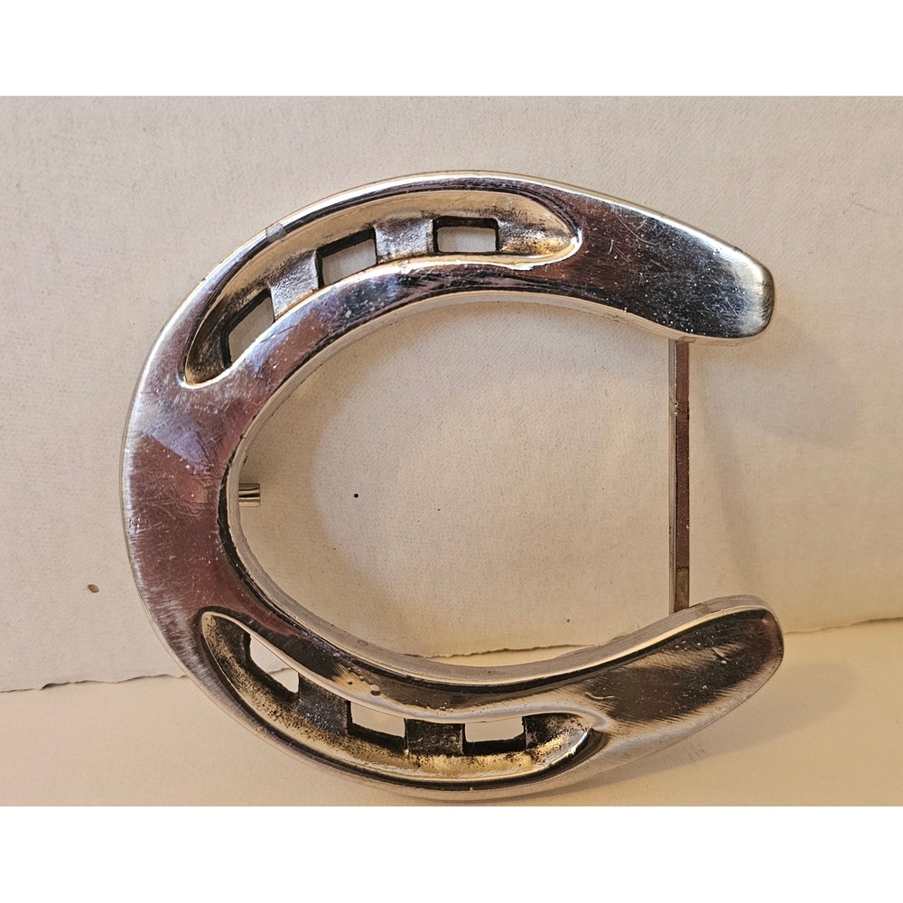 Vintage Horseshoe Belt Buckle Silver Tone Equestrian Western Lucky Charm